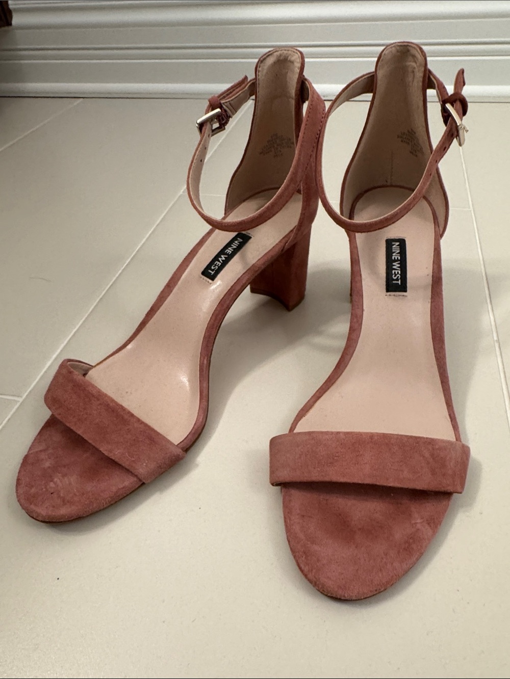 Nine West Suede Ankle-Strap Block Heel Sandals in Dusty Rose